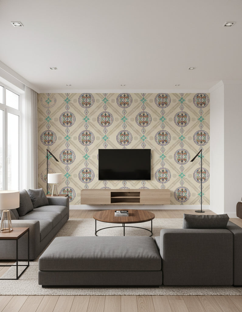 Abeille D��Coratif | Mind The Gap - Living Room Visualization (AI-generated, may not be to scale. Verify pattern scale with product specifications.)