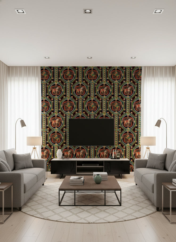 Venetian Ornament Anthracite | Mind The Gap - Living Room Visualization (AI-generated, may not be to scale. Verify pattern scale with product specifications.)