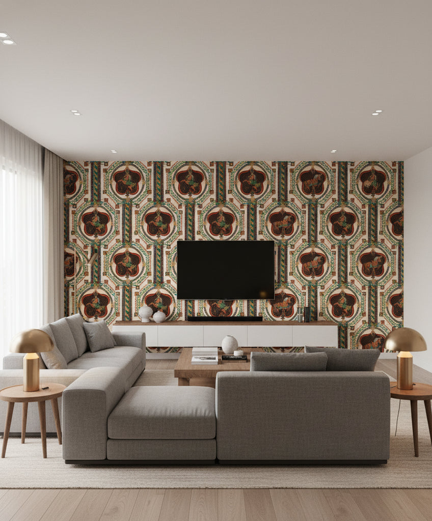Venetian Ornament | Mind The Gap - Living Room Visualization (AI-generated, may not be to scale. Verify pattern scale with product specifications.)