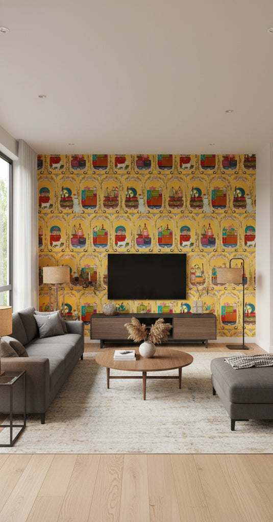 Fancy Trip Lemon | Mind The Gap - Living Room Visualization (AI-generated, may not be to scale. Verify pattern scale with product specifications.)