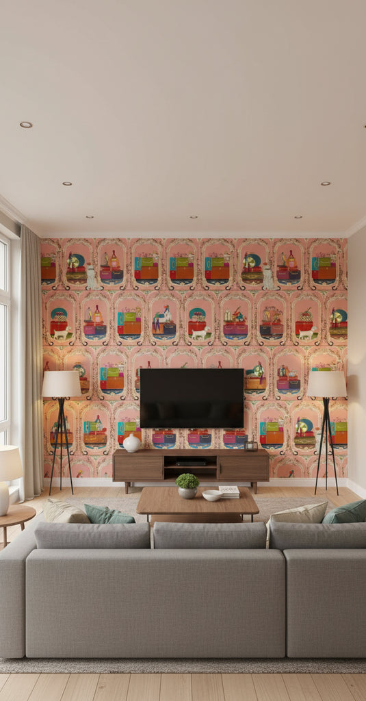 Fancy Trip Dusty Pink | Mind The Gap - Living Room Visualization (AI-generated, may not be to scale. Verify pattern scale with product specifications.)