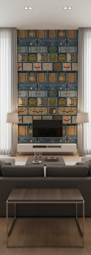 The Luggage Car Blue | Mind The Gap - Living Room Visualization (AI-generated, may not be to scale. Verify pattern scale with product specifications.)