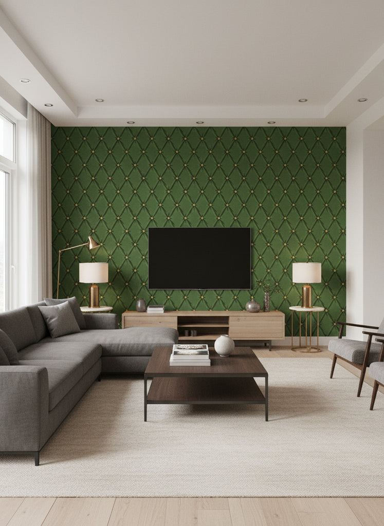 Tufted Panel Forest Green | Mind The Gap - Living Room Visualization (AI-generated, may not be to scale. Verify pattern scale with product specifications.)