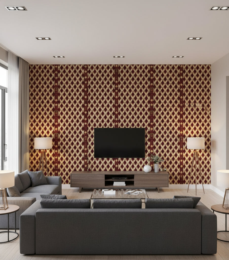 Luxury Detail Bordeaux | Mind The Gap - Living Room Visualization (AI-generated, may not be to scale. Verify pattern scale with product specifications.)