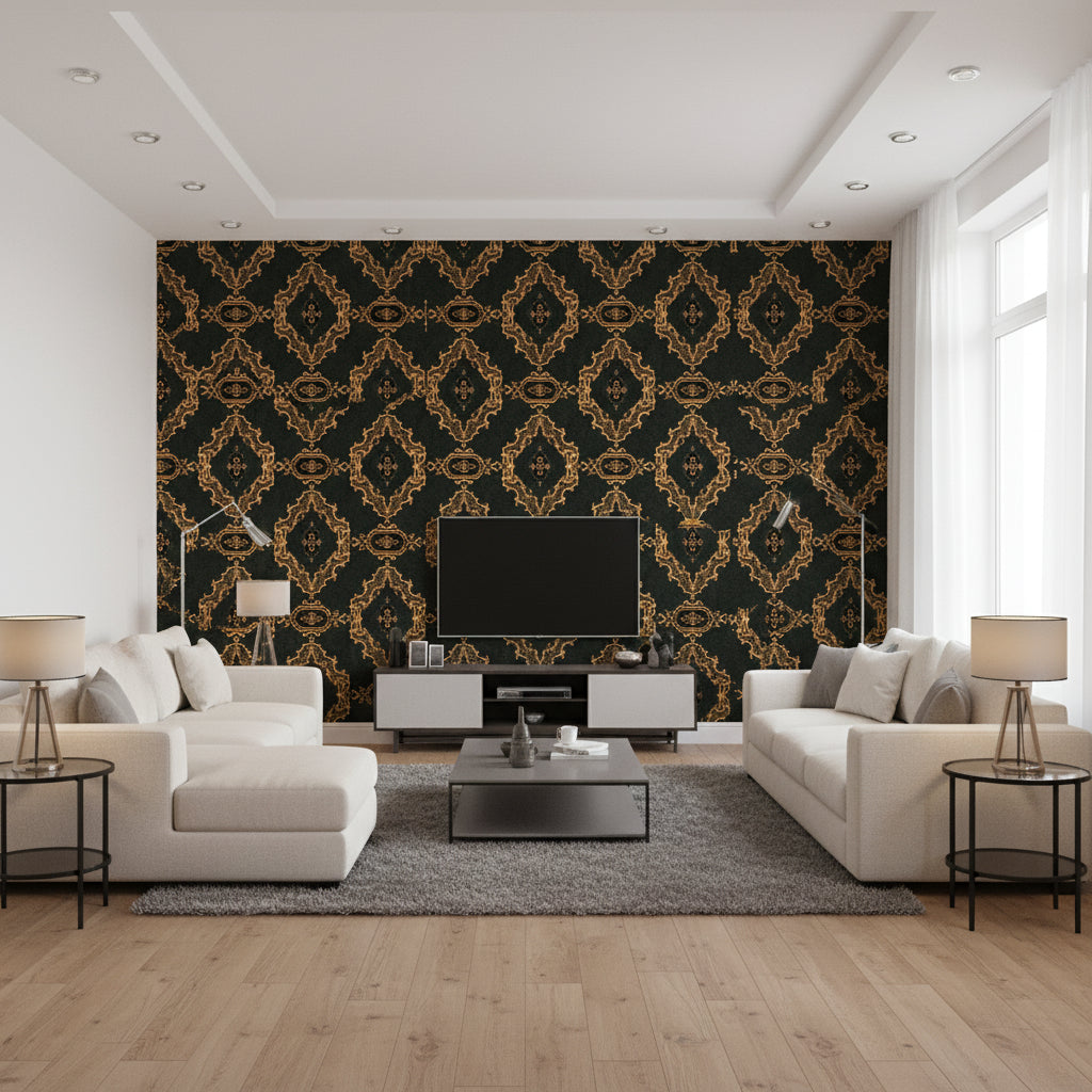 The Bar Tapestry Dark | Mind The Gap - Living Room Visualization (AI-generated, may not be to scale. Verify pattern scale with product specifications.)
