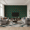 The Bar Tapestry Viridian | Mind The Gap - Living Room Visualization (AI-generated, may not be to scale. Verify pattern scale with product specifications.)