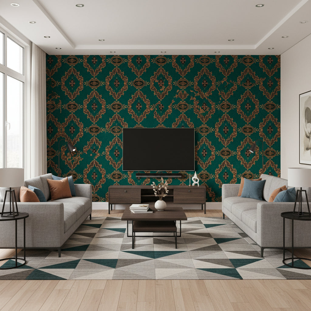 The Bar Tapestry Viridian | Mind The Gap - Living Room Visualization (AI-generated, may not be to scale. Verify pattern scale with product specifications.)