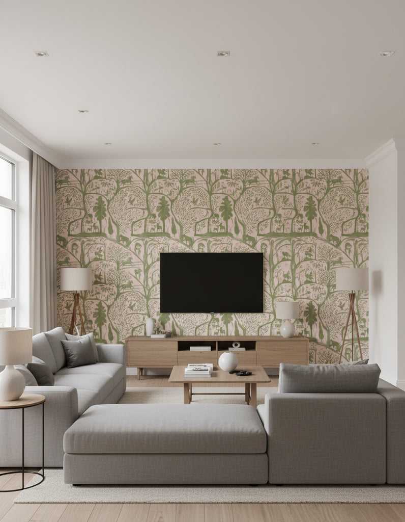 The Enchanted Woodland Dawn | Mind The Gap - Living Room Visualization (AI-generated, may not be to scale. Verify pattern scale with product specifications.)