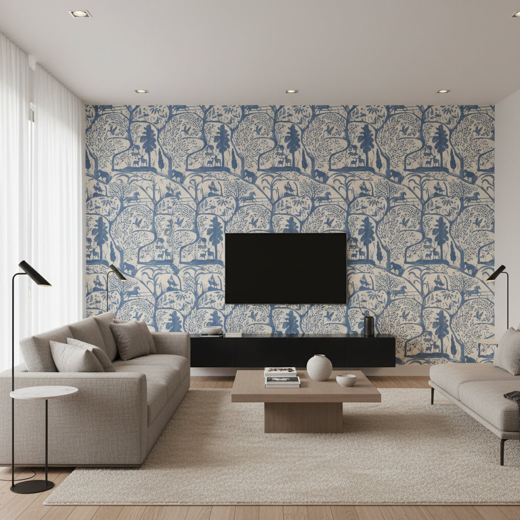 The Enchanted Woodland Dusk | Mind The Gap - Living Room Visualization (AI-generated, may not be to scale. Verify pattern scale with product specifications.)