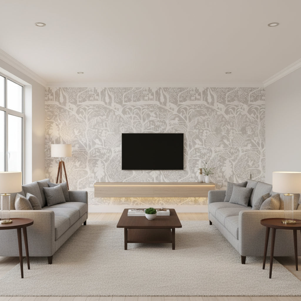 The Enchanted Woodland Solstice | Mind The Gap - Living Room Visualization (AI-generated, may not be to scale. Verify pattern scale with product specifications.)