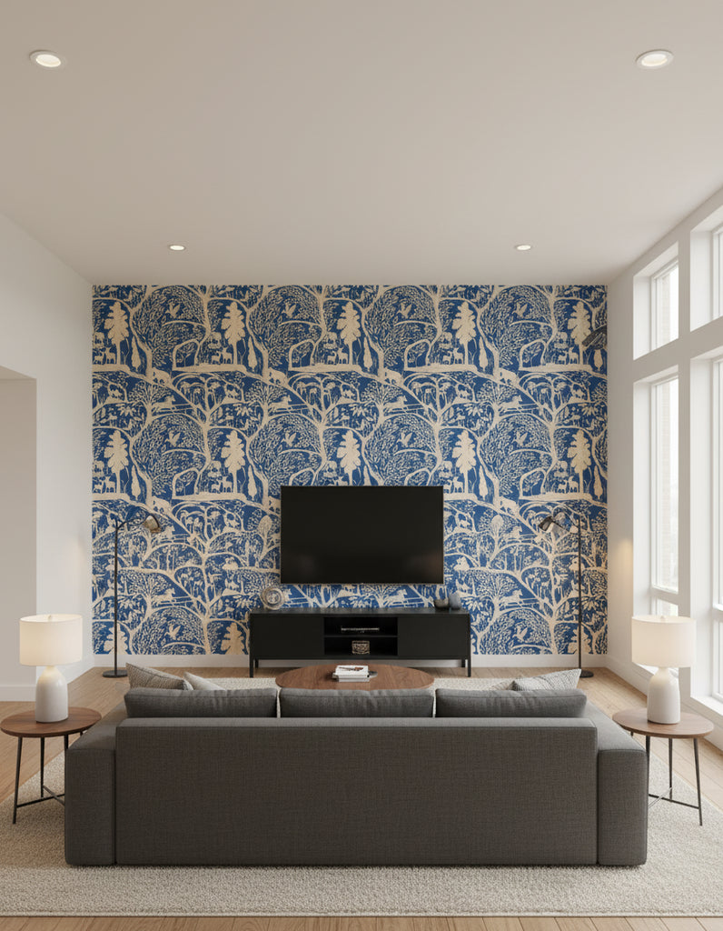 The Enchanted Woodland Twilight | Mind The Gap - Living Room Visualization (AI-generated, may not be to scale. Verify pattern scale with product specifications.)