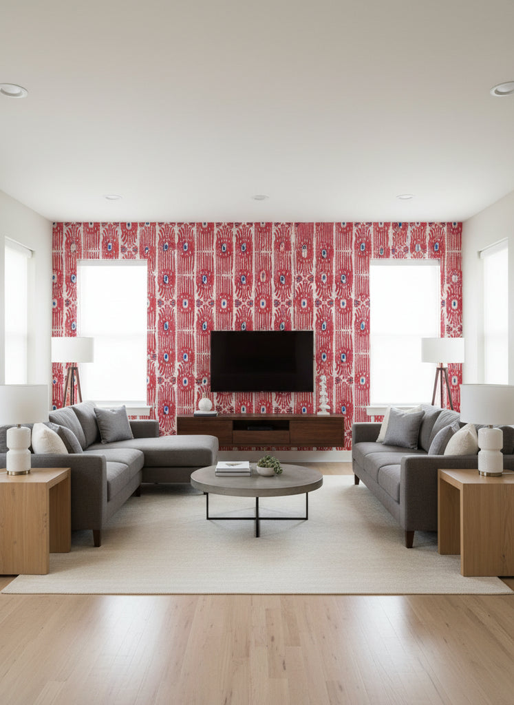Ikat Raspberry Ripple | Mind The Gap - Living Room Visualization (AI-generated, may not be to scale. Verify pattern scale with product specifications.)