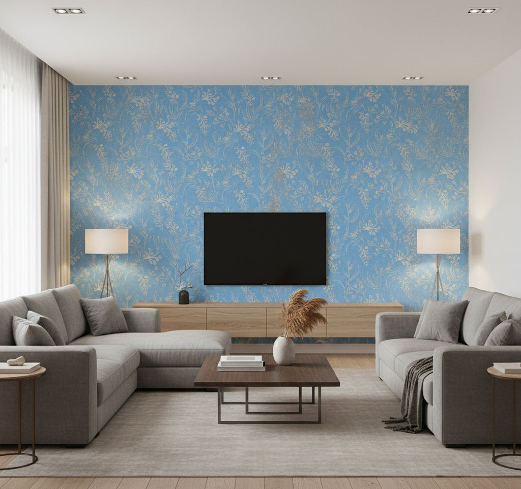 Wallflower Sky | Mind The Gap - Living Room Visualization (AI-generated, may not be to scale. Verify pattern scale with product specifications.)