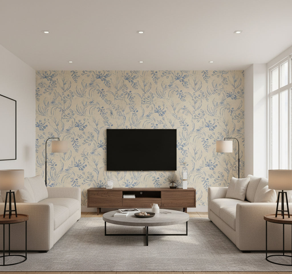 Wallflower Splash | Mind The Gap - Living Room Visualization (AI-generated, may not be to scale. Verify pattern scale with product specifications.)
