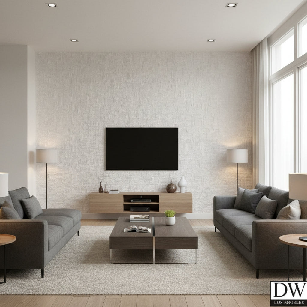 Edward Paintable Supaglypta | Jeffrey Stevens - Living Room Visualization (AI-generated, may not be to scale. Verify pattern scale with product specifications.)