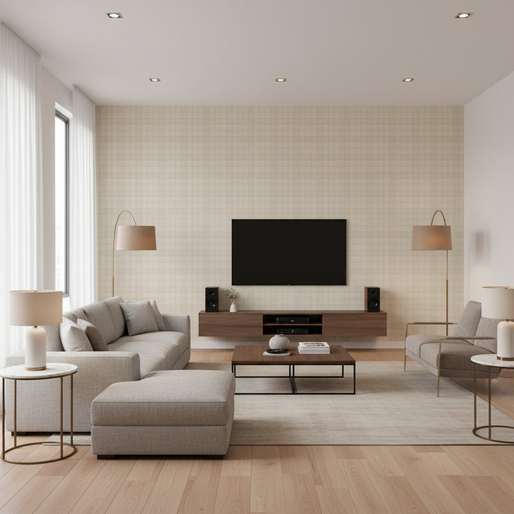 Egarton Plaid Gunmetal Cream |    Ralph Lauren - Living Room Visualization (AI-generated, may not be to scale. Verify pattern scale with product specifications.)
