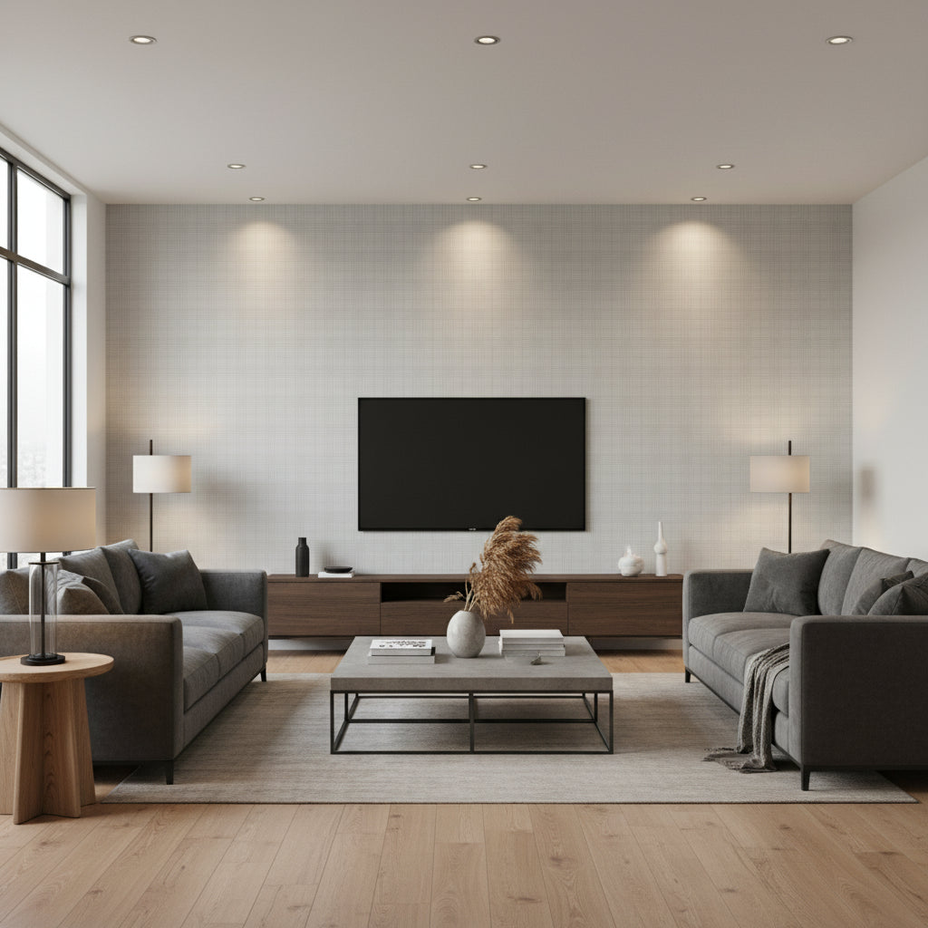 Egarton Plaid Linen / Blue |    Ralph Lauren - Living Room Visualization (AI-generated, may not be to scale. Verify pattern scale with product specifications.)