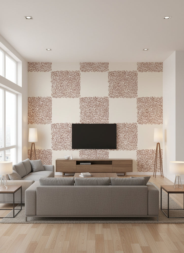 Ernesto's Retro Geometric - Living Room Visualization (AI-generated, may not be to scale. Verify pattern scale with product specifications.)