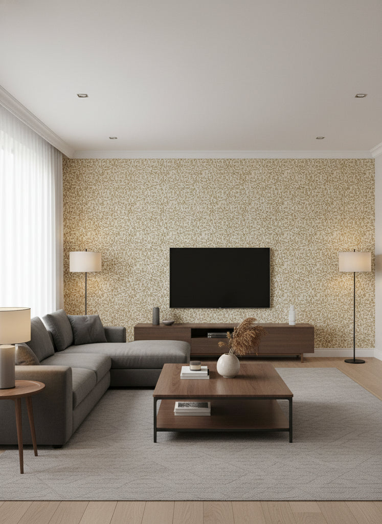 Ernesto's Retro Geometric - Living Room Visualization (AI-generated, may not be to scale. Verify pattern scale with product specifications.)