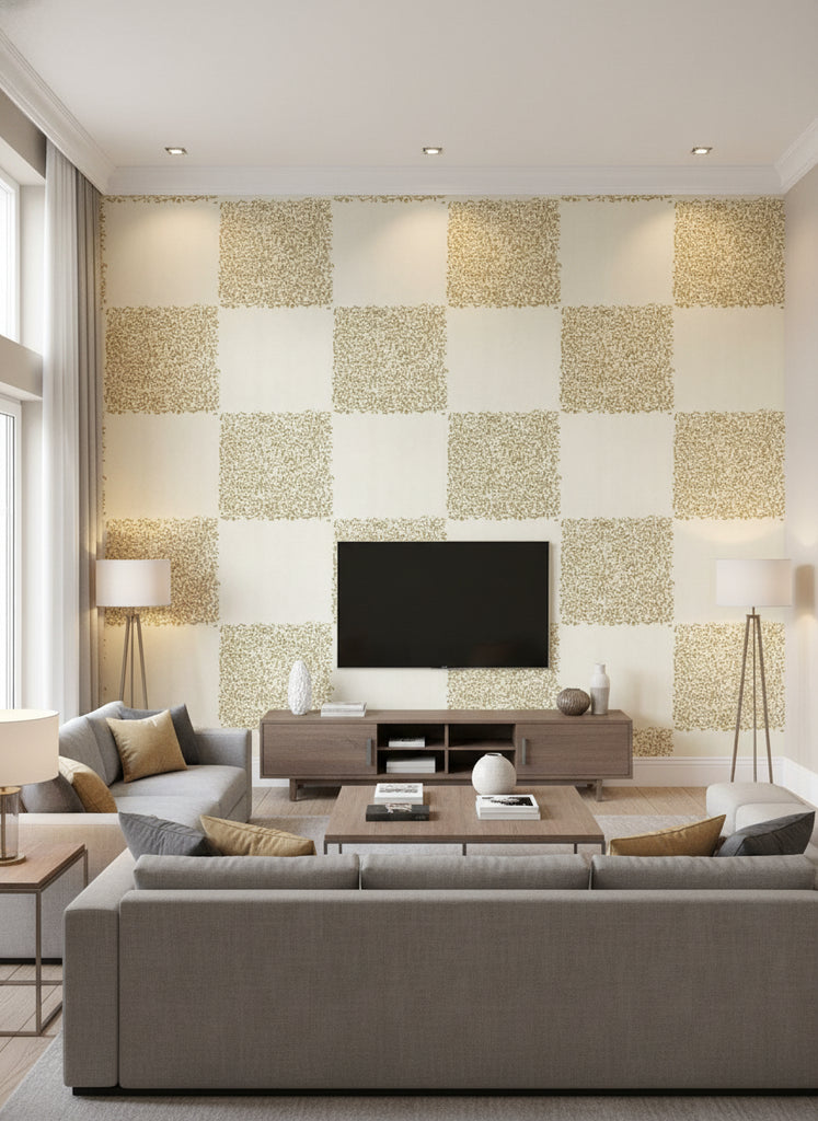 Ernesto's Retro Geometric - Living Room Visualization (AI-generated, may not be to scale. Verify pattern scale with product specifications.)