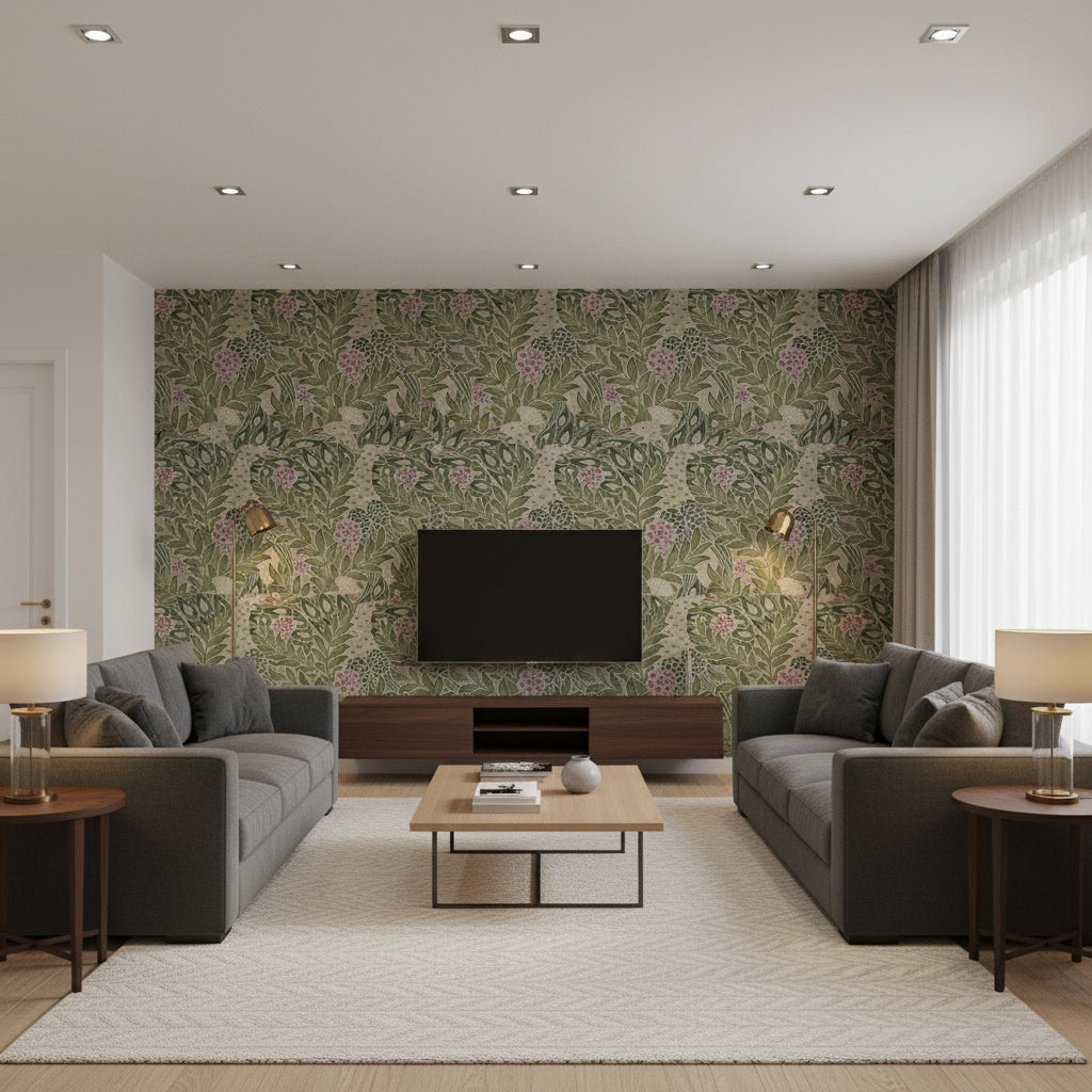 F92920 | Thibaut - Living Room Visualization (AI-generated, may not be to scale. Verify pattern scale with product specifications.)