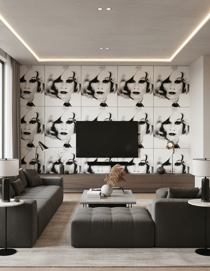 Fantastic Faces - Living Room Visualization (AI-generated, may not be to scale. Verify pattern scale with product specifications.)