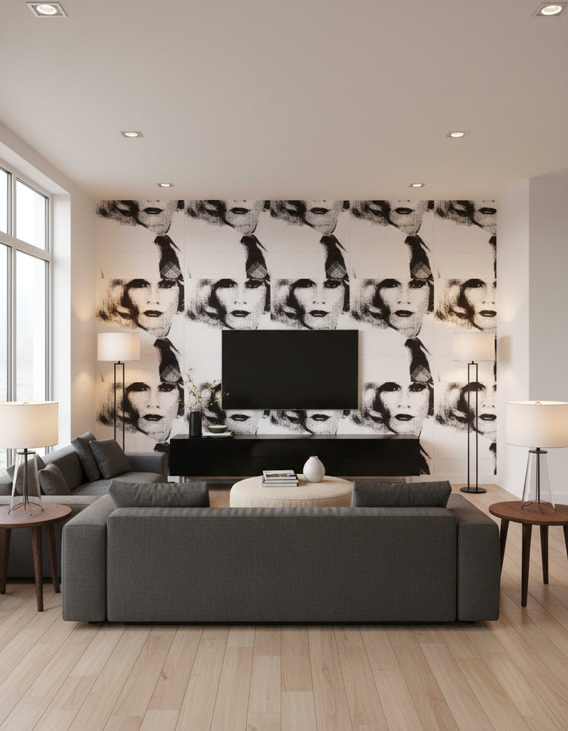 Fantastic Faces - Living Room Visualization (AI-generated, may not be to scale. Verify pattern scale with product specifications.)