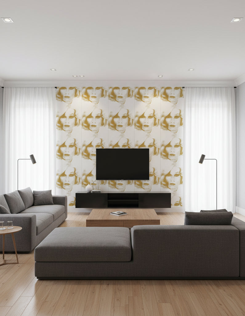 Fantastic Faces - Living Room Visualization (AI-generated, may not be to scale. Verify pattern scale with product specifications.)