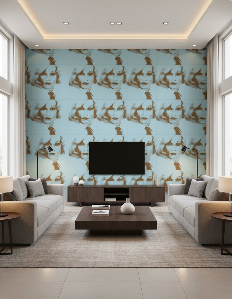 Fantastic Faces - Living Room Visualization (AI-generated, may not be to scale. Verify pattern scale with product specifications.)