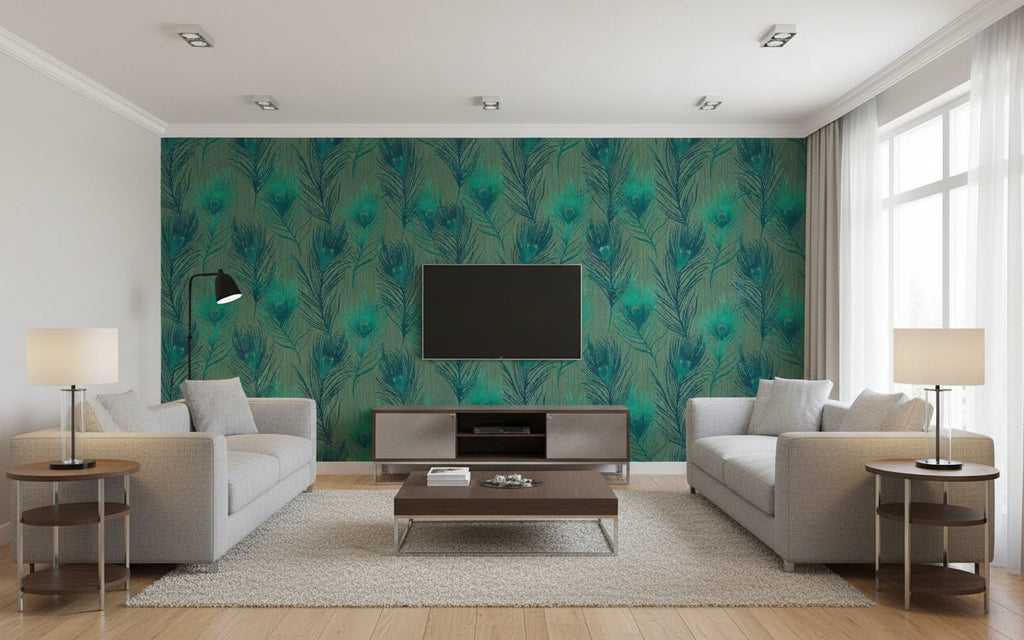 Featherama - Peacock Feathers and Teal Blue - Living Room Visualization (AI-generated, may not be to scale. Verify pattern scale with product specifications.)