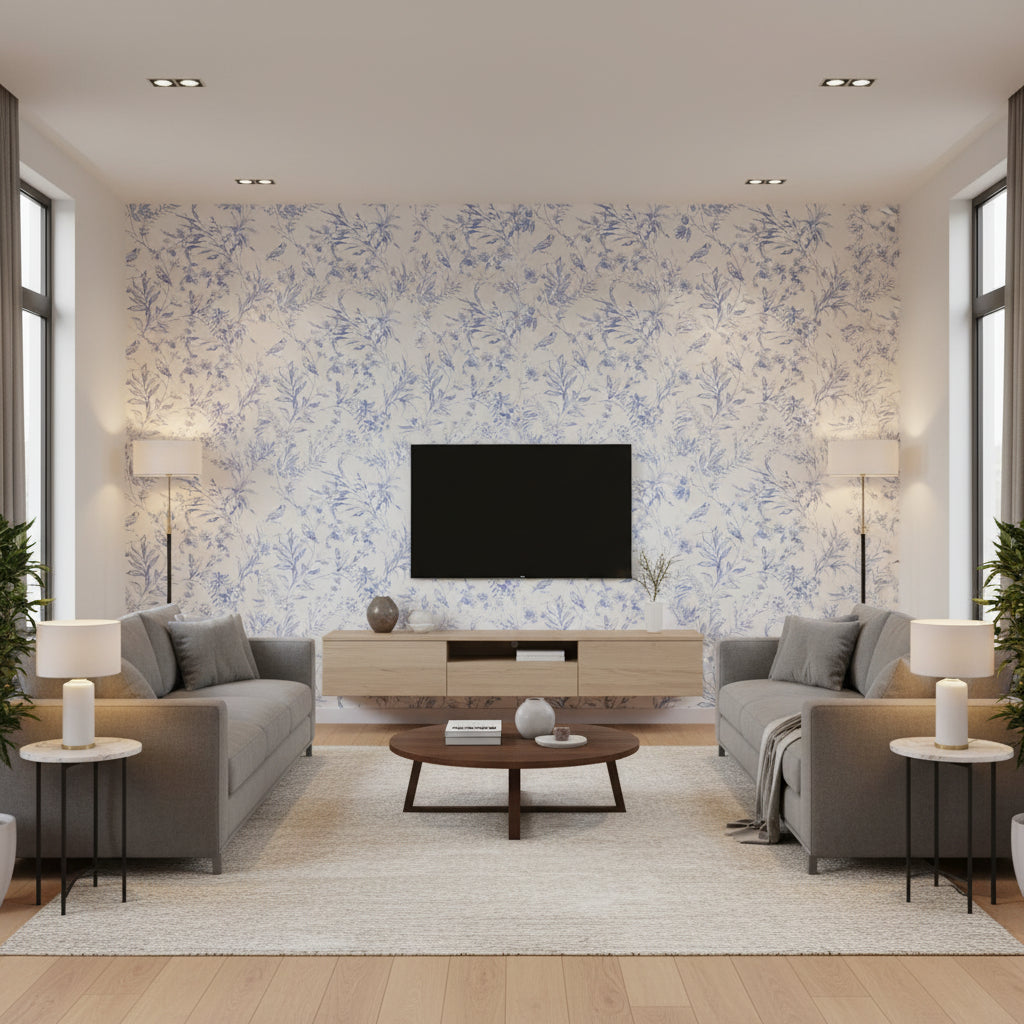 Fern Toile Bluebell |    Ralph Lauren - Living Room Visualization (AI-generated, may not be to scale. Verify pattern scale with product specifications.)