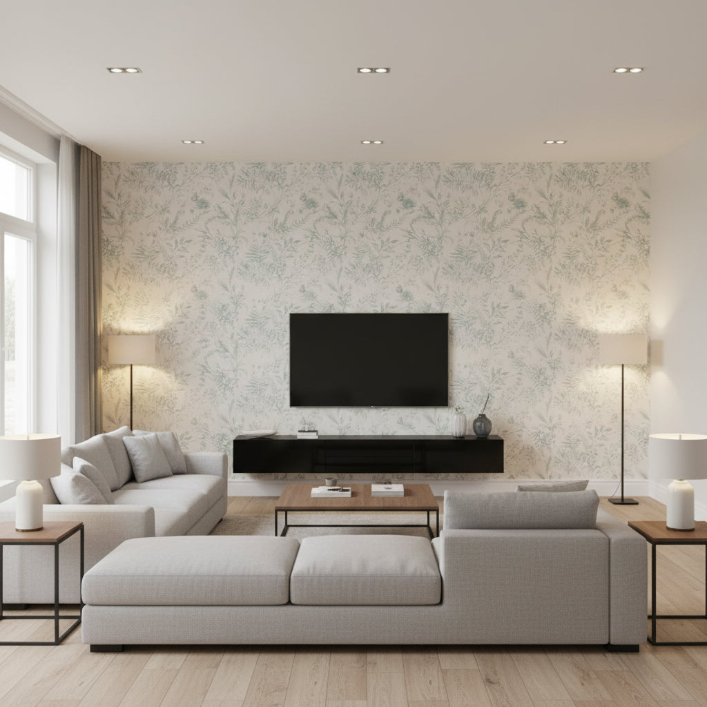 Fern Toile Drawing Room |    Ralph Lauren - Living Room Visualization (AI-generated, may not be to scale. Verify pattern scale with product specifications.)