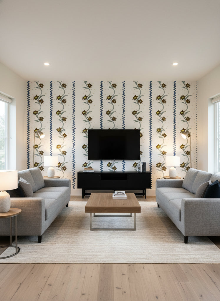 Floral Stripe | Midnight Truffle Wallpaper - Living Room Visualization (AI-generated, may not be to scale. Verify pattern scale with product specifications.)