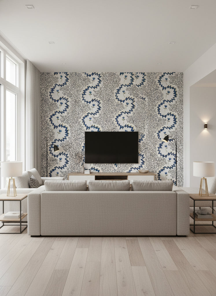Floral Zigzag | Slate Blue Wallpaper - Living Room Visualization (AI-generated, may not be to scale. Verify pattern scale with product specifications.)