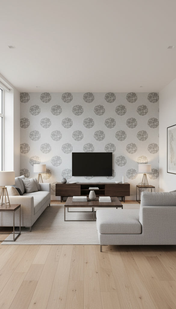 Flower Mandala Wallcovering Print - Living Room Visualization (AI-generated, may not be to scale. Verify pattern scale with product specifications.)