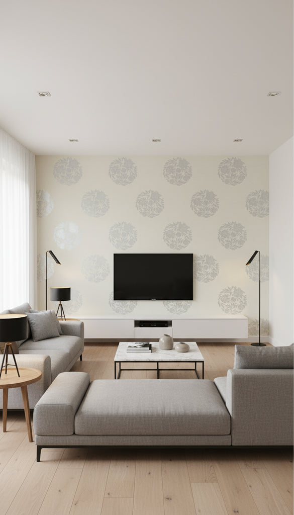 Flower Mandala Wallcovering Print - Living Room Visualization (AI-generated, may not be to scale. Verify pattern scale with product specifications.)