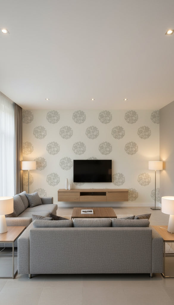 Flower Mandala Wallcovering Print - Living Room Visualization (AI-generated, may not be to scale. Verify pattern scale with product specifications.)