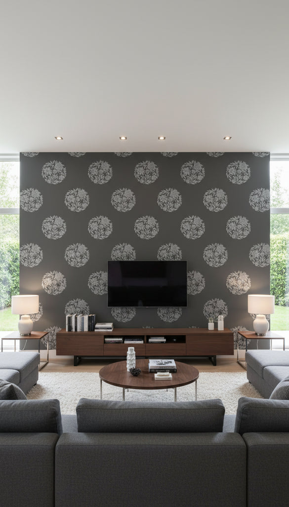 Flower Mandala Wallcovering Print - Living Room Visualization (AI-generated, may not be to scale. Verify pattern scale with product specifications.)