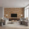 Fondale - Gold Wallcovering | Schumacher - Living Room Visualization (AI-generated, may not be to scale. Verify pattern scale with product specifications.)