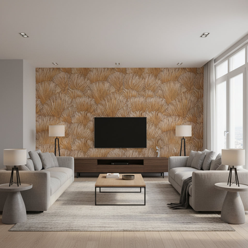 Fondale - Gold Wallcovering | Schumacher - Living Room Visualization (AI-generated, may not be to scale. Verify pattern scale with product specifications.)