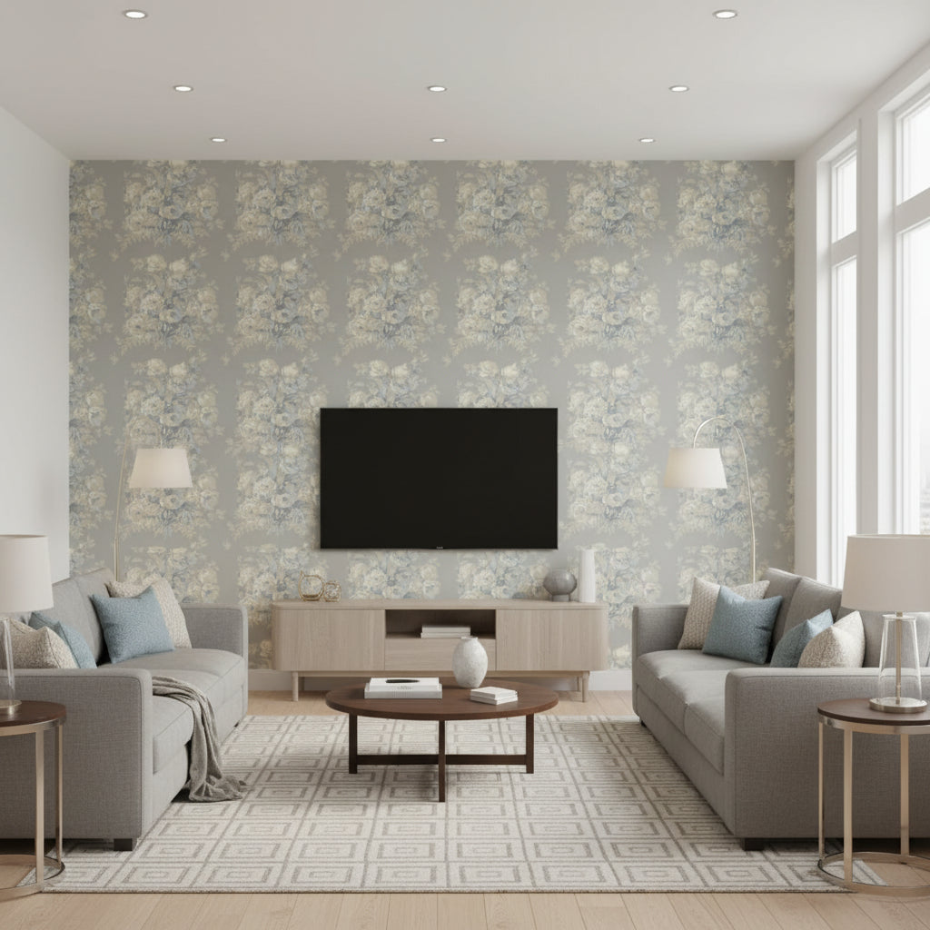 Francoise Bouquet Slate |    Ralph Lauren - Living Room Visualization (AI-generated, may not be to scale. Verify pattern scale with product specifications.)