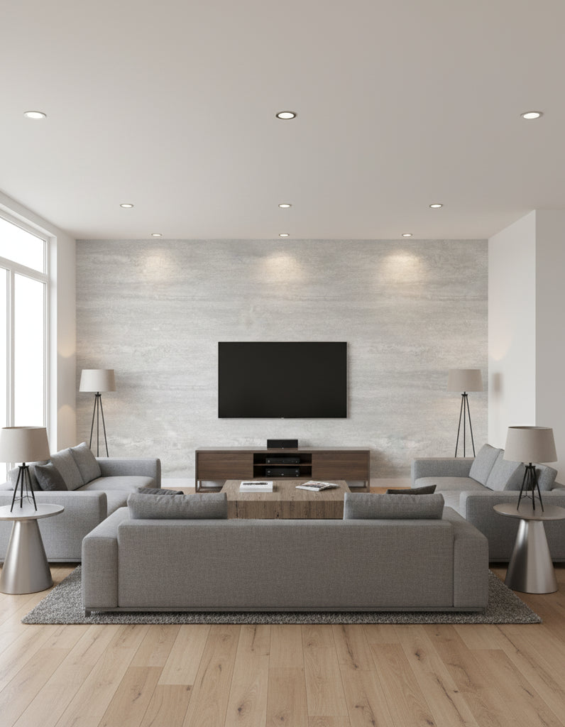 Weathered Metals II - Chromium | Maya Romanoff - Living Room Visualization (AI-generated, may not be to scale. Verify pattern scale with product specifications.)