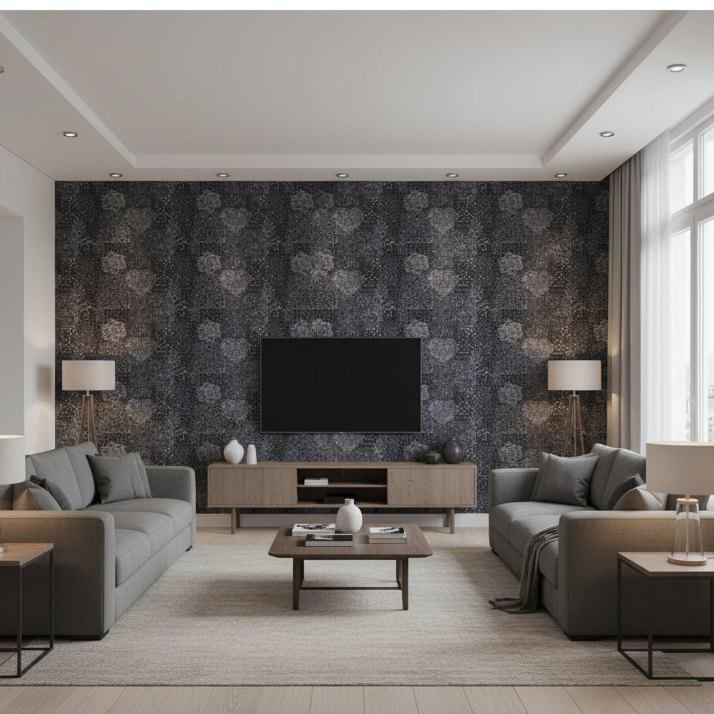 Glamglass Galore - Glass Beaded Wallcovering - Living Room Visualization (AI-generated, may not be to scale. Verify pattern scale with product specifications.)