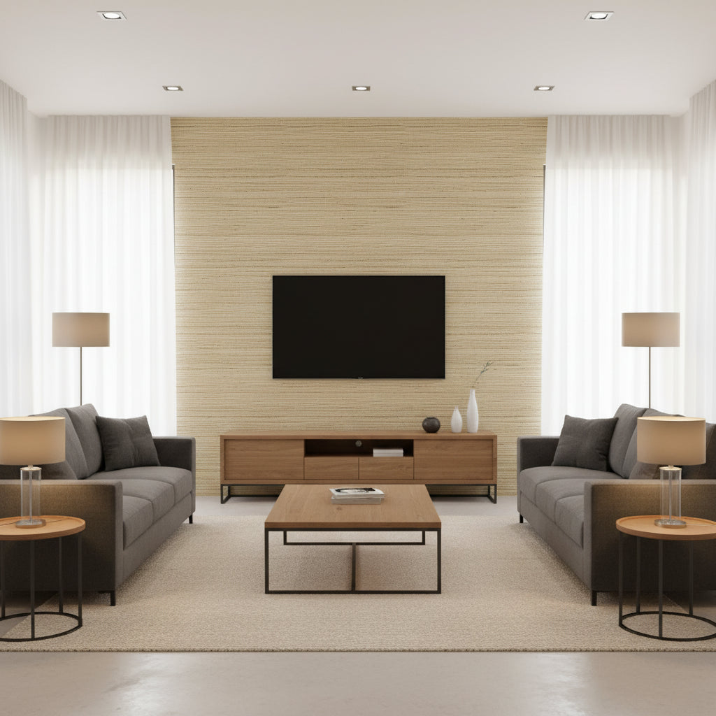 Soya Wallcovering Beige | Ralph Lauren - Living Room Visualization (AI-generated, may not be to scale. Verify pattern scale with product specifications.)