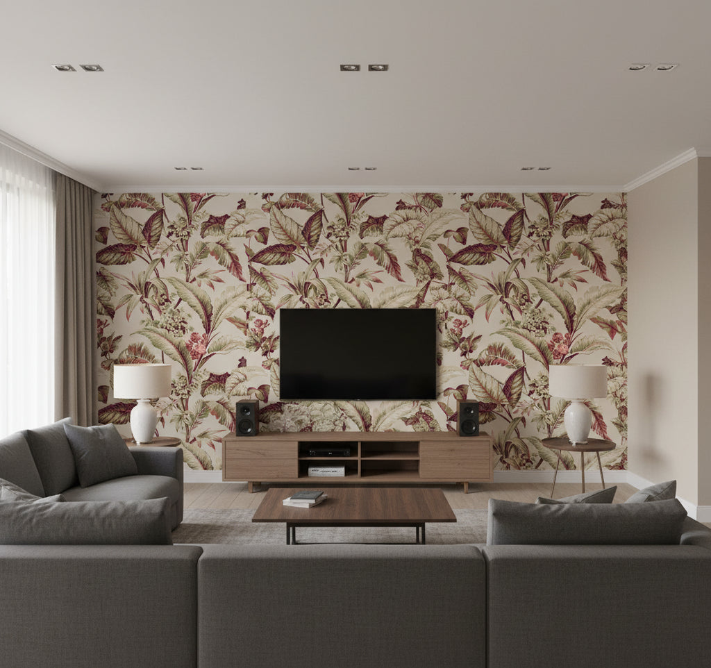 Mystic Isle Wallcovering Taupe | Ralph Lauren - Living Room Visualization (AI-generated, may not be to scale. Verify pattern scale with product specifications.)