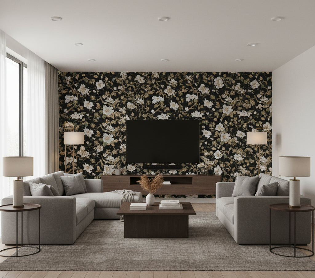 Marguerite Vine Wallcovering Black | Ralph Lauren - Living Room Visualization (AI-generated, may not be to scale. Verify pattern scale with product specifications.)