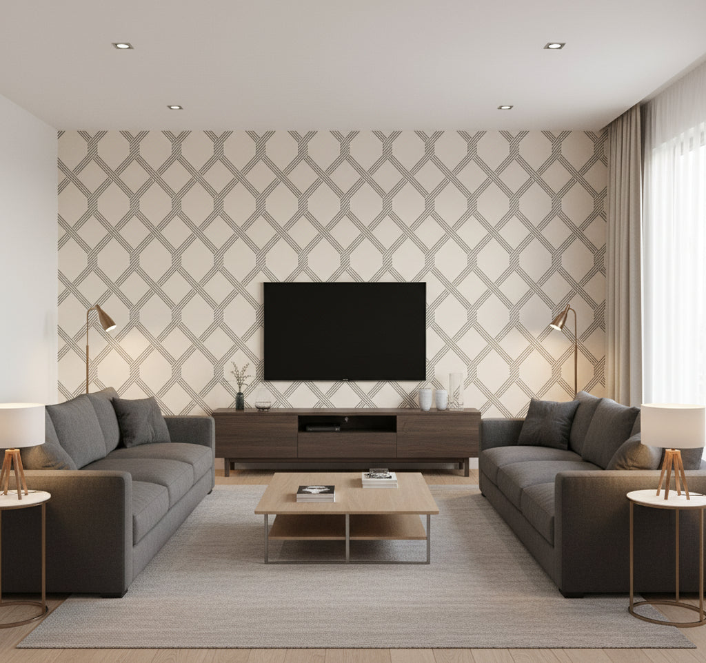 Palisade Wallcovering beige | Ralph Lauren - Living Room Visualization (AI-generated, may not be to scale. Verify pattern scale with product specifications.)