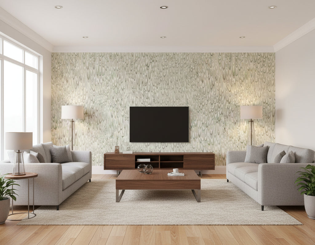 Aslan Wallcovering Green | Ralph Lauren - Living Room Visualization (AI-generated, may not be to scale. Verify pattern scale with product specifications.)