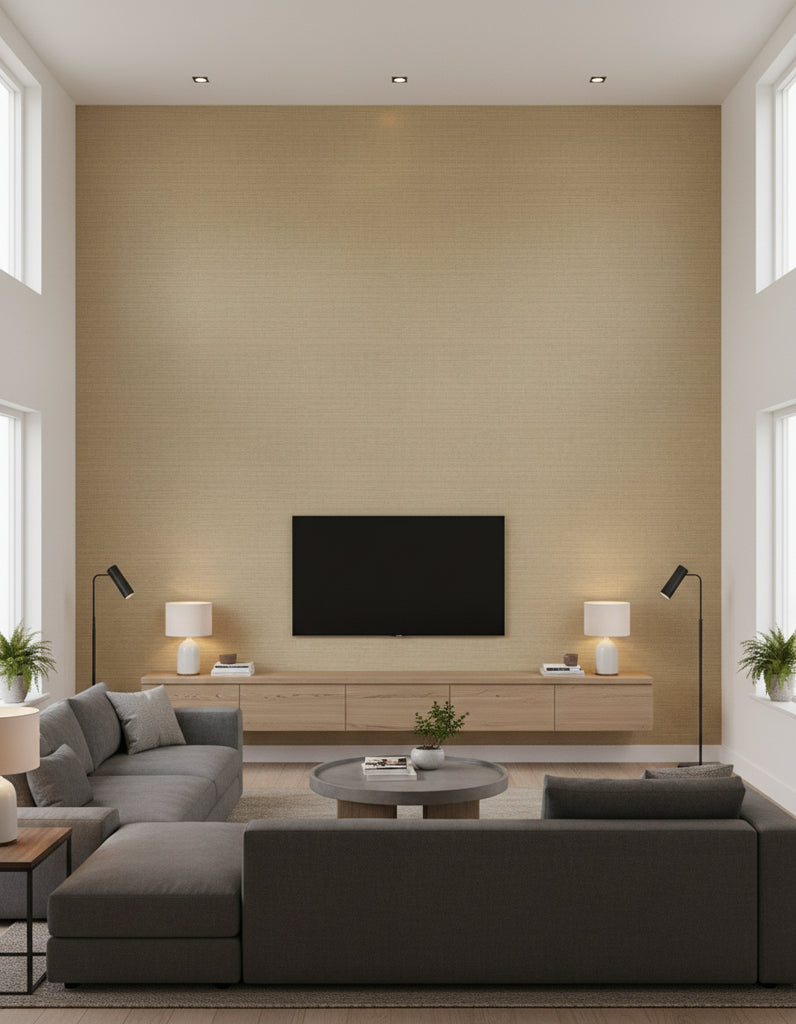 Maguey Khaki Sisal Wallcovering Khaki | Ralph Lauren - Living Room Visualization (AI-generated, may not be to scale. Verify pattern scale with product specifications.)
