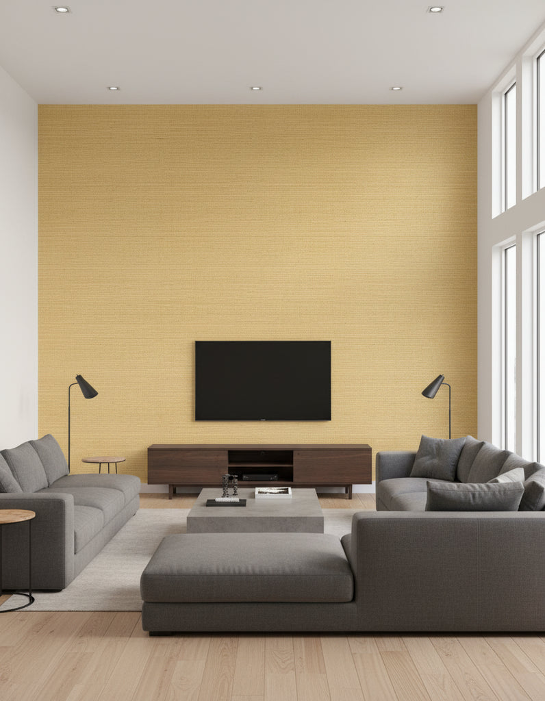 Maguey Gold and Beige Sisal Wallcovering Gold and Beige | Ralph Lauren - Living Room Visualization (AI-generated, may not be to scale. Verify pattern scale with product specifications.)